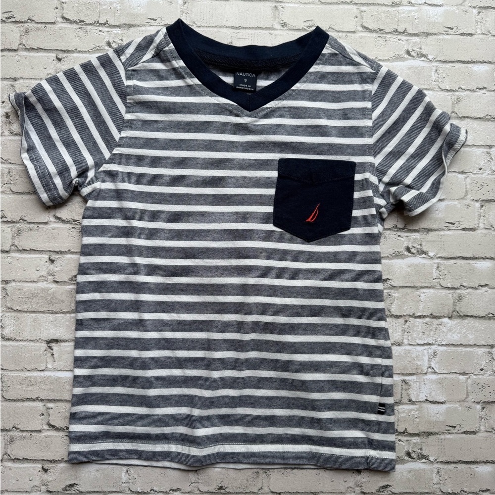 Nautica Gray and Blue Striped Short Sleeve Tee